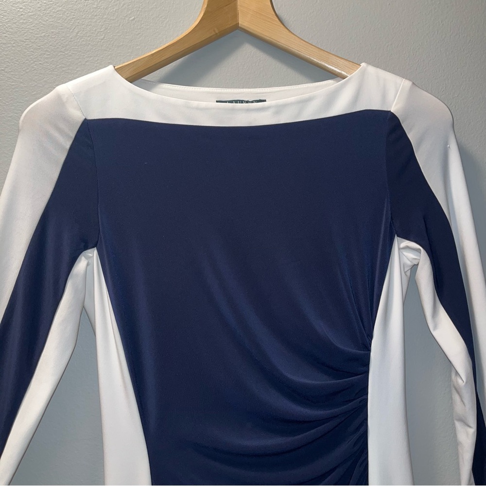 NWT Lauren Ralph Lauren Sz 8
Navy White Sheath Dress Ruched Waist Color Block - Picture 4 of 11